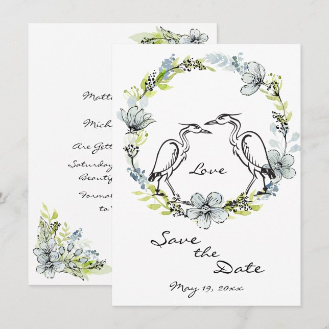 Heron Bird Couple and Flower Wreath Save the Date Invitation (Front/Back)