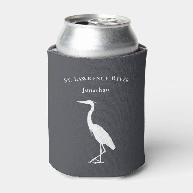 Heron Egret silhouette custom text and name Can Cooler (Can Front)