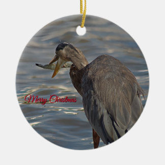 Heron Fishing Coastal Merry Christmas Ceramic Ornament
