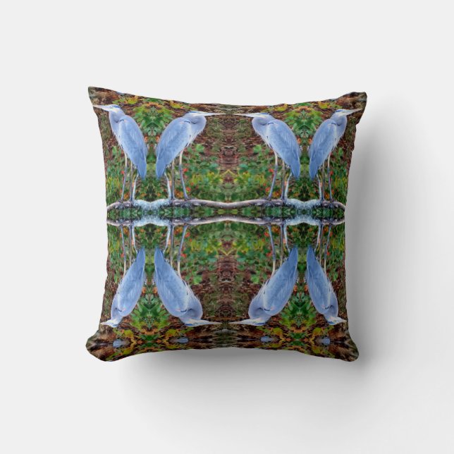 Heron: grey, green brown tan pattern throw pillow (Front)
