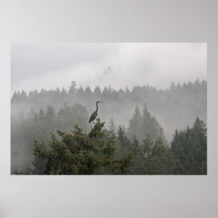 Heron in a Misty Mountain Landscape Poster