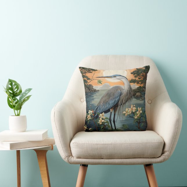 Heron in Pond Throw Pillow (Chair)