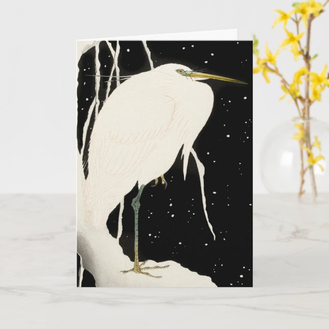 Heron in Snow - Ohara Koson - Vintage Art Card (Yellow Flower)