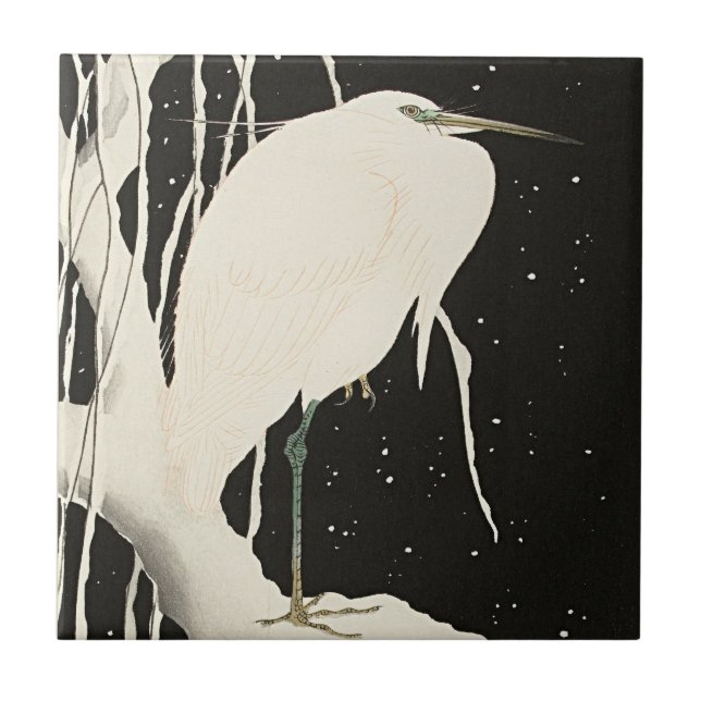Heron in Snow – Vintage Japanese Masterpiece on Tile (Front)