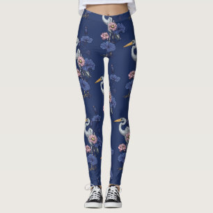 Heron in the Pink Lotus Garden on delpht blue Leggings