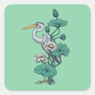 Heron in the White Lotus Garden on jade Square Sticker