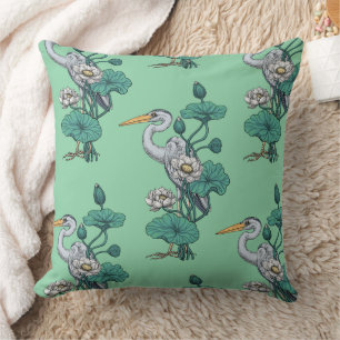 Heron in the White Lotus Garden on jade Throw Pillow