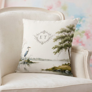 Heron Lake Toile French Country Wedding Monogram Throw Pillow