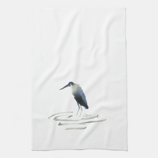 Heron Meditation, Sumi-e Great Blue Heron Kitchen Towel (Vertical)