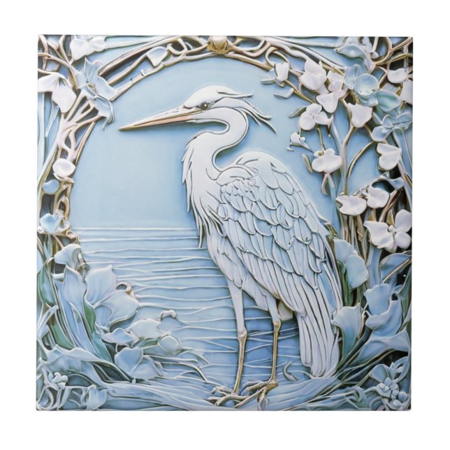 Heron Sea Bird Art Nouveau Faux Relief Left Blue Tile (Front)