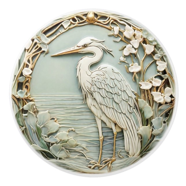 Heron Sea Bird Art Nouveau Faux Relief Left Mint Ceramic Knob (Front)