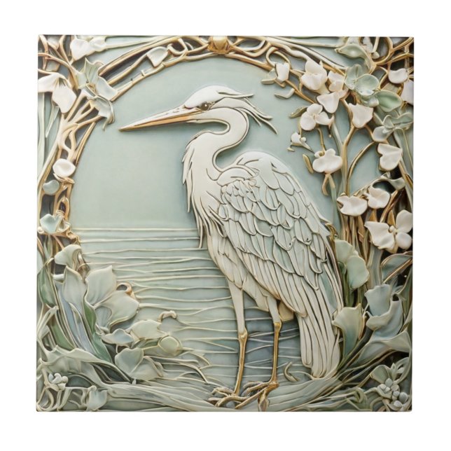Heron Sea Bird Art Nouveau Faux Relief Left Mint Tile (Front)