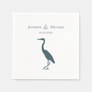 heron silhouette dark teal blue on white wedding napkin