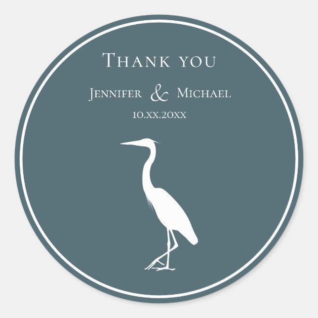heron silhouette white on dark teal blue wedding classic round sticker (Front)