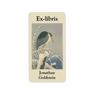 Heron, snow, branch, bookplate label