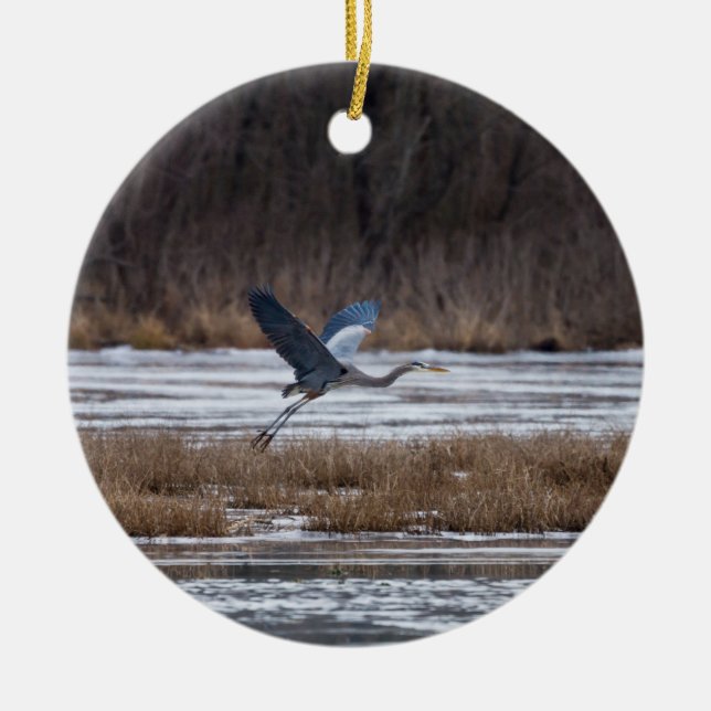 Heron Take Off Ceramic Ornament (Front)