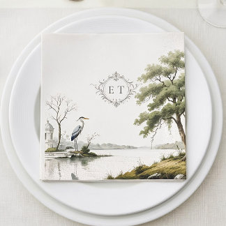 Heron Toile French Country Monogram Paper Napkin