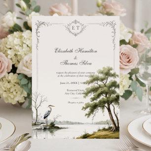 Heron Toile French Country Monogram Wedding Invitation