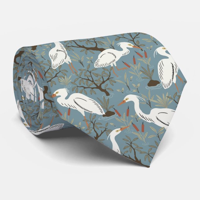 Heron water pond - blue - great egret bird tie (Rolled)