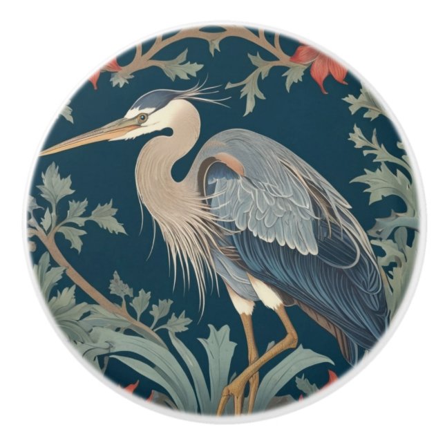 Heron William Morris style Left Sea Marine Bird Ceramic Knob (Front)