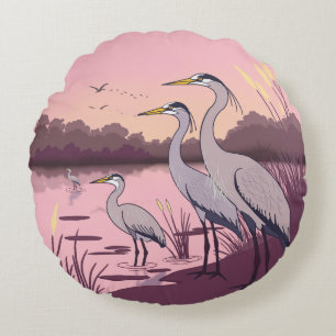 Herons by the Lake Round Pillow