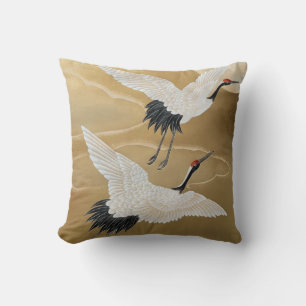 Herons take Flight: Gold Chinoiserie with Moon Throw Pillow