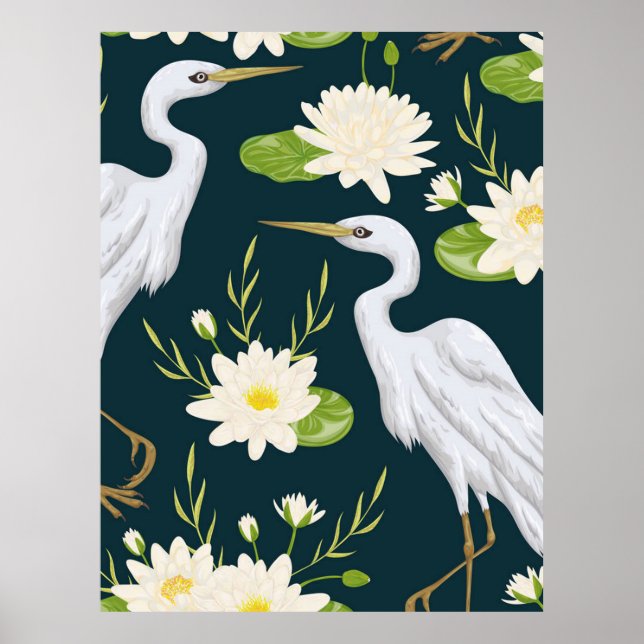 Herons White Lily Green Foliage Watery Landscape   Poster (Front)