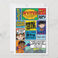Héros de style comique Invitations d'anniversaire