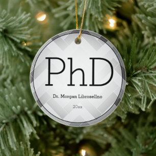 Herringbone Black Gray PhD Graduation Name Year Ceramic Ornament