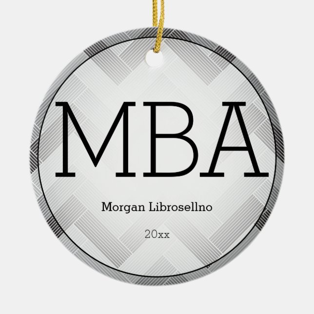Herringbone Black Grey MBA Graduation Name Year Ceramic Ornament (Front)