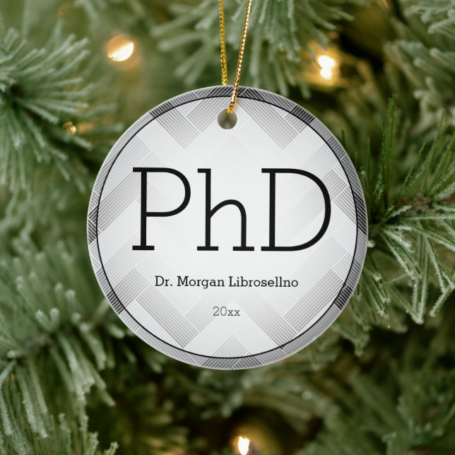 Herringbone Black Grey PhD Graduation Name Year Ceramic Ornament (Tree)