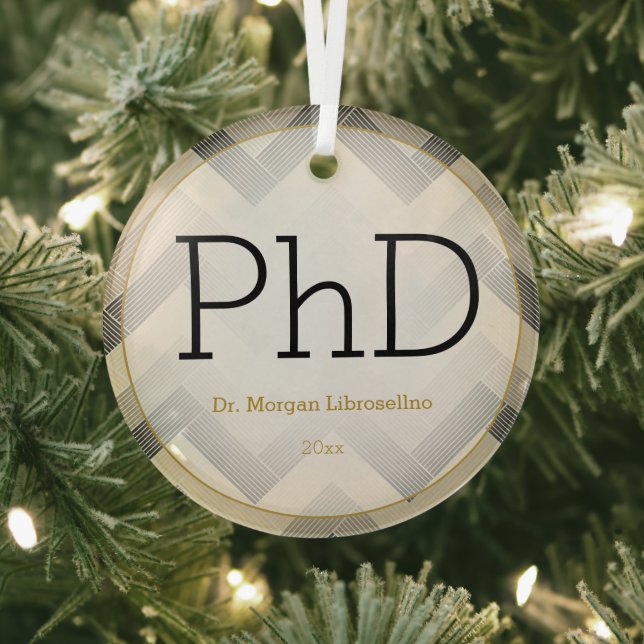 Herringbone Black Tan PhD Graduation Name Glass Ornament (Insitu)