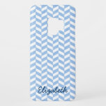 Herringbone Blue White Beach Colours Custom Case-Mate Samsung Galaxy S9 Case<br><div class="desc">This pretty, beach-house-inspired Samsung phone case design has a lightly textured blue-and-white herringbone pattern. This modern, elegant, stylish design is perfect for matching your coastal / ocean / nautical theme style. Easily add your name in blue cursive to personalize. "Customize It" to make adjustments. This case is part of a...</div>
