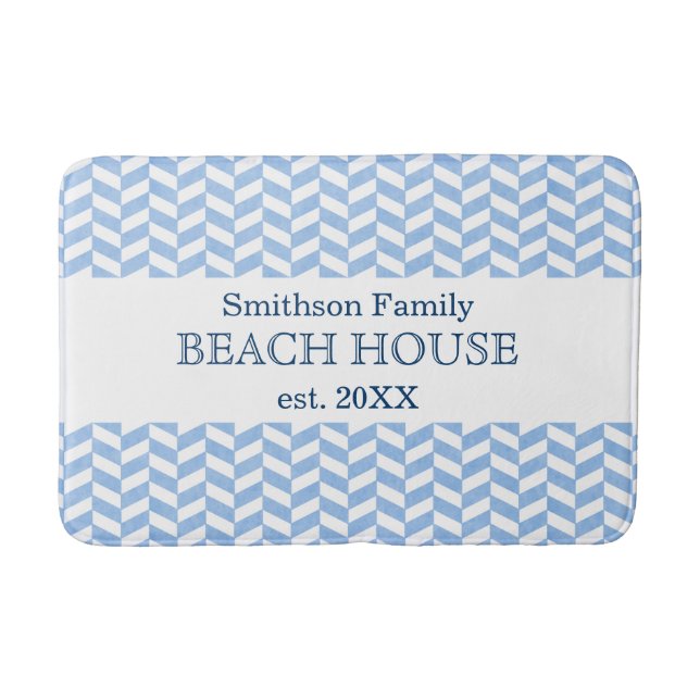 Herringbone Blue White Beach House Custom Bath Mat (Front)