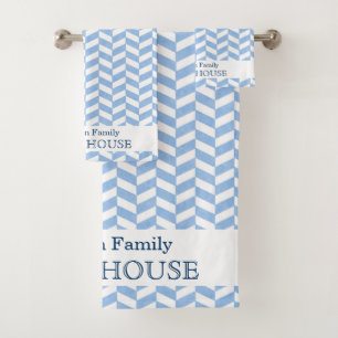 Herringbone Blue White Beach House   Custom Name Bath Towel Set