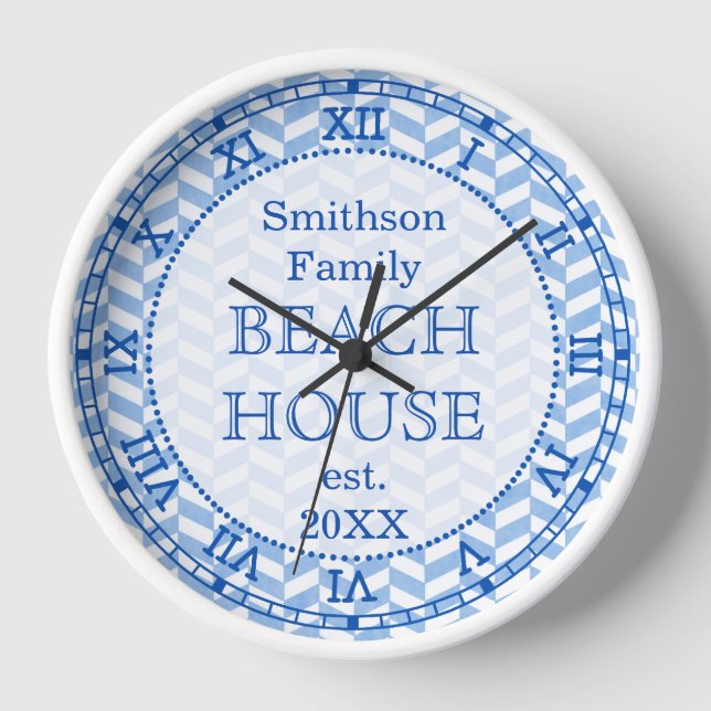 Herringbone Blue White Beach House Custom Wall Clock (Front)