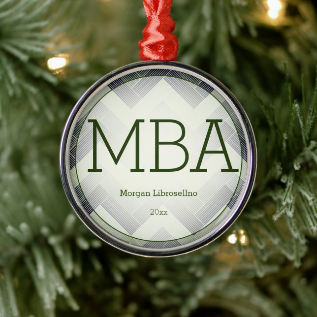 Herringbone Green White MBA Graduation Name Year Metal Ornament (Tree)