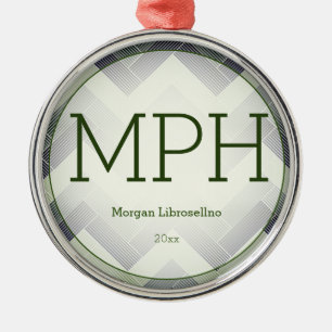 Herringbone Green White Name MPH Graduation Metal Ornament