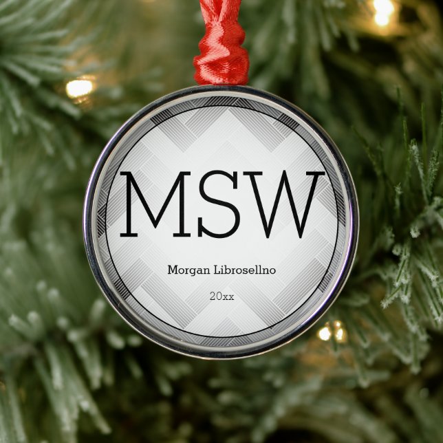 Herringbone Grey Black MSW Graduation Name Year Metal Ornament (Tree)