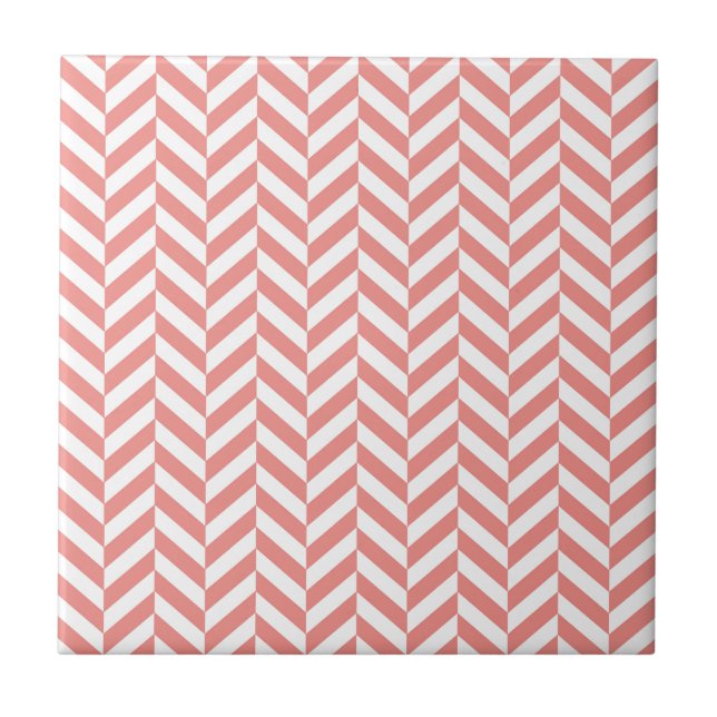 Herringbone Pattern Coral Pink White Tile (Front)