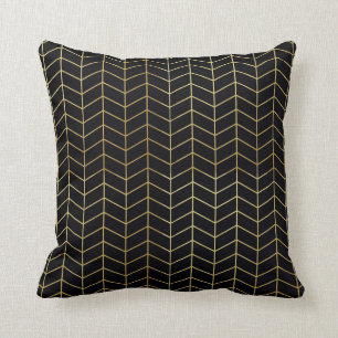 Herringbone Pattern Faux Gold Foil Black Geometric Throw Pillow