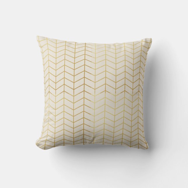 Herringbone Pattern Faux Gold Foil Ivory Geometric Throw Pillow (Front)