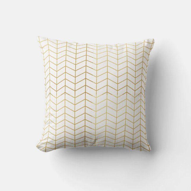 Herringbone Pattern Faux Gold Foil White Geometric Throw Pillow (Front)