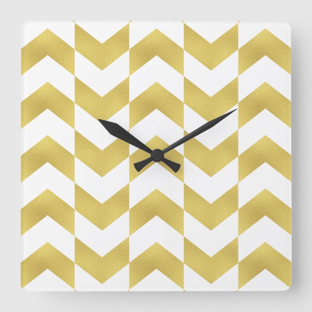 Herringbone Pattern Gold & White Clock (Front)
