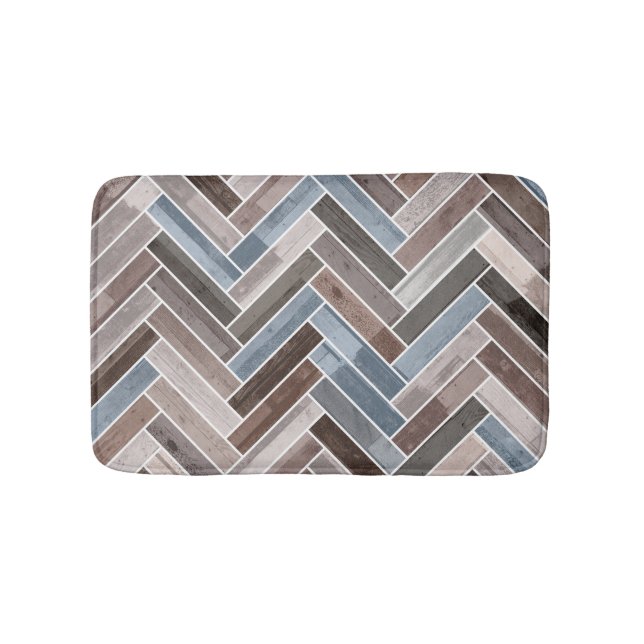 Herringbone Pattern in Blue Brown Grey Bath Mat (Front)