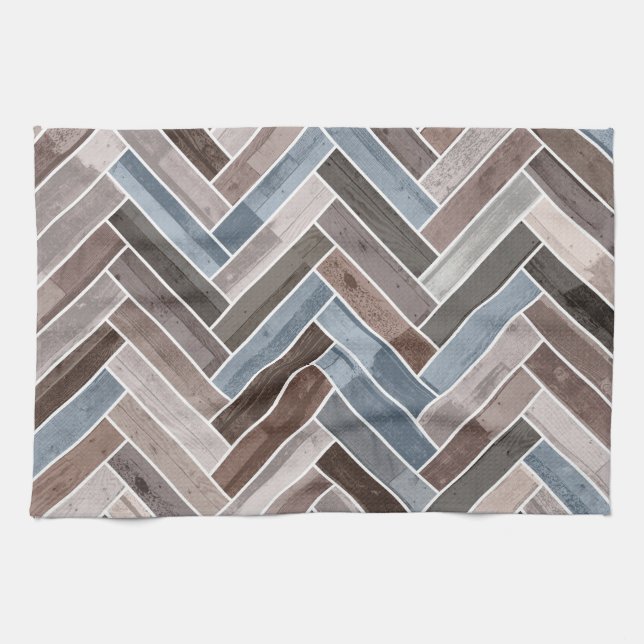 Herringbone Pattern in Blue Brown Grey Kitchen Towel (Horizontal)