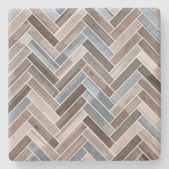 Herringbone Pattern in Blue Brown Grey Stone Coaster (Front)