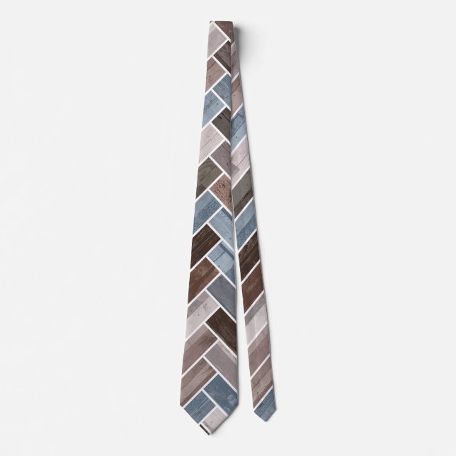 Herringbone Pattern in Blue Brown Grey Tie (Front)