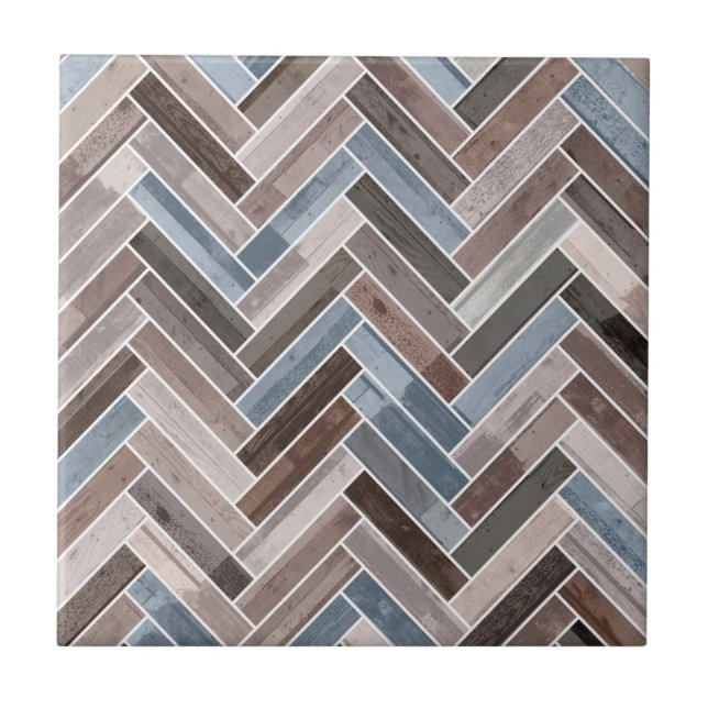 Herringbone Pattern in Blue Brown Grey Tile (Front)