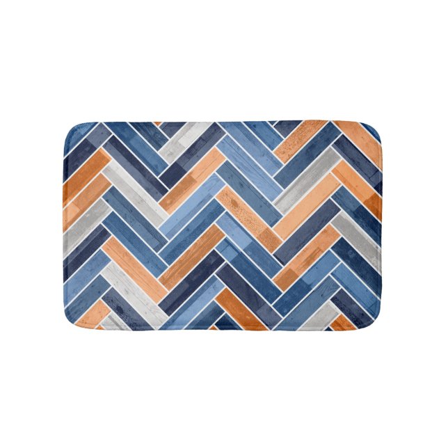 Herringbone Pattern in Navy Blue and Orange Bath Mat (Front)